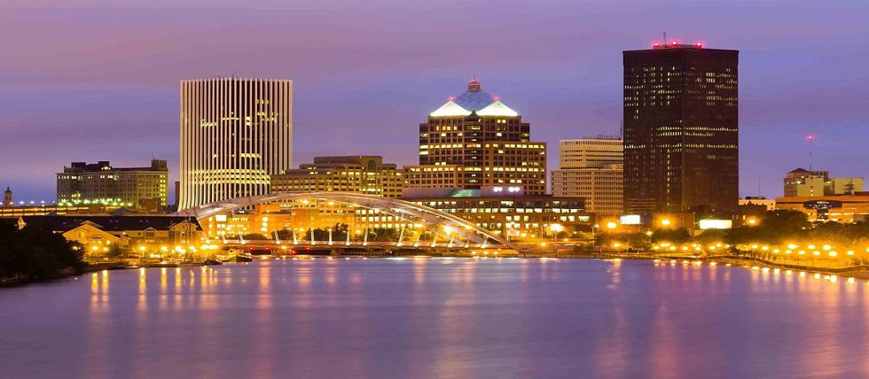 The Rochester, NY, skyline at night